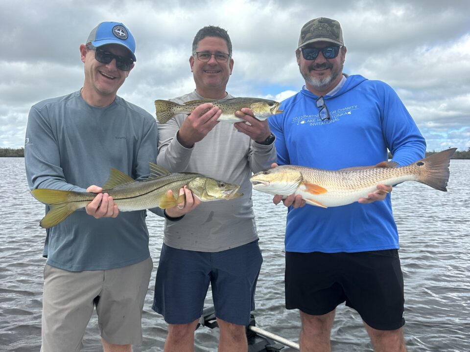 Three anglers holding Snook, Redfish, and Trout caught on a Punta Gorda fishing charter with ReelFishing Charters.