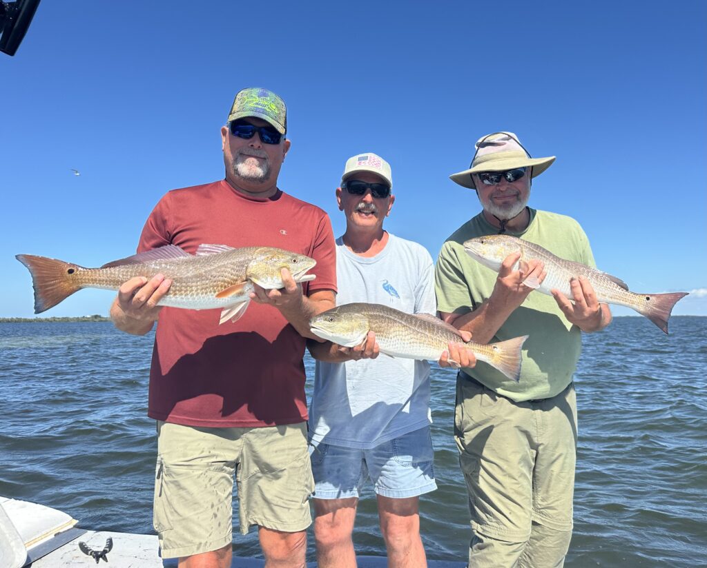 Redfish Trio on Punta Gorda Fishing Charter Three anglers proudly holding redfish caught on a Punta Gorda fishing charter with Captain Danny in Charlotte Harbor, Florida.